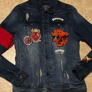 8ighth dstrkt denim button up distressed embroidered jean jacket